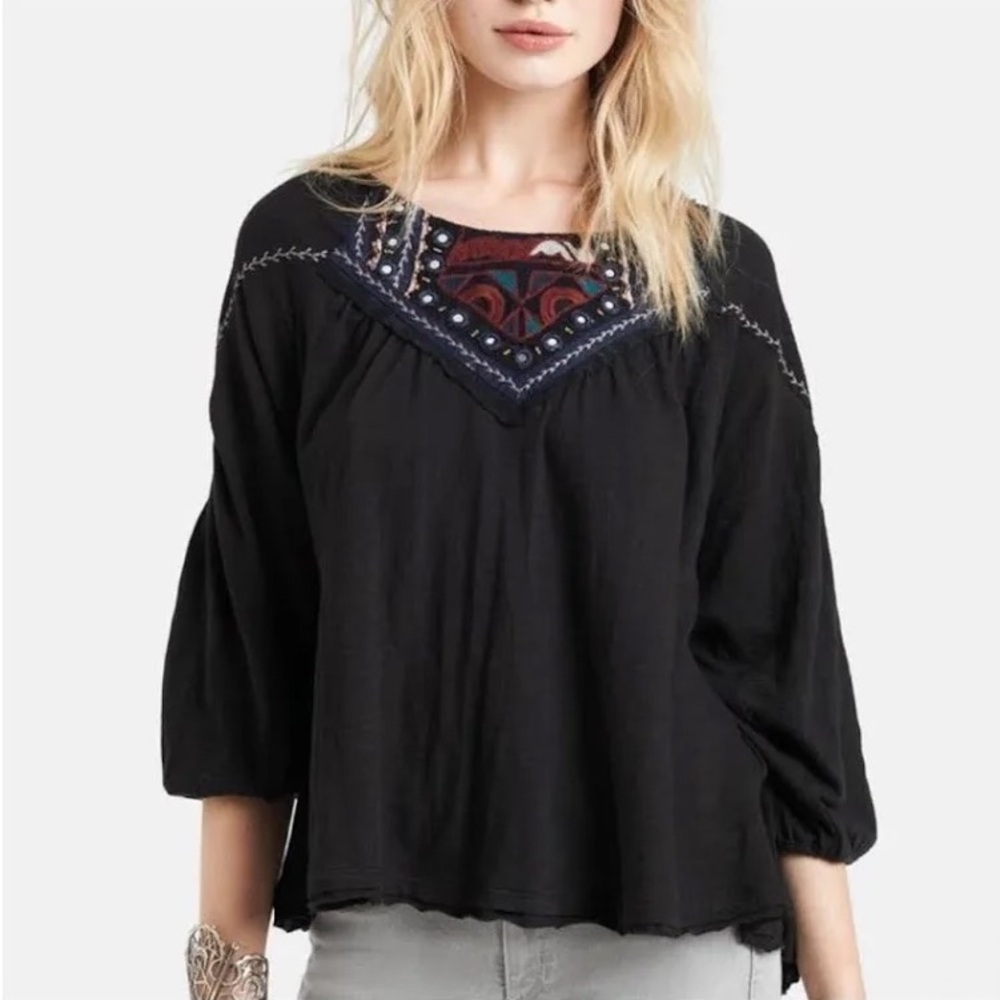 Free People Boho Embroidered Peasant Top Puffy‎ Sleeve Black festival